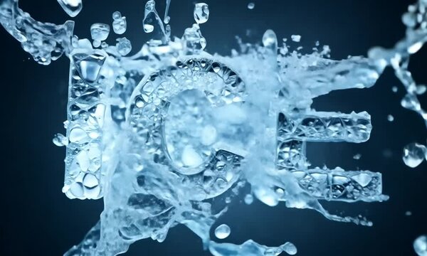 &Eacute;claboussure d'eau se transformant en gla&ccedil;ons formant le mot anglais "ICE",  transition fluide entre l'eau et la glace fond bleu