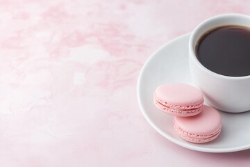 A delightful scene featuring a cup of coffee accompanied by pink macarons on a white plate against a soft pink marble background.