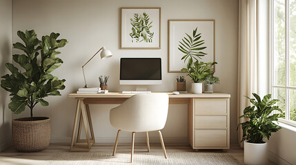 interior of a freelancer's home work room in pastel white tones