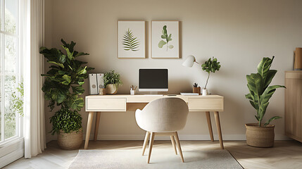 interior of a freelancer's home work room in pastel white tones