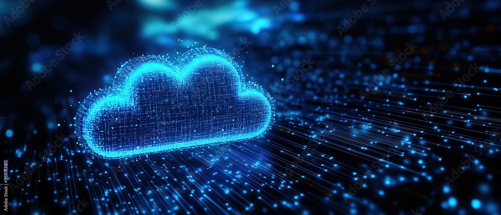 Poster a glowing blue cloud icon surrounded by digital particles, symbolizing cloud computing and data tran