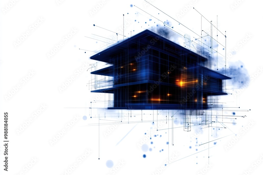 Poster a modern architectural design featuring a futuristic building with intricate line work and glowing e