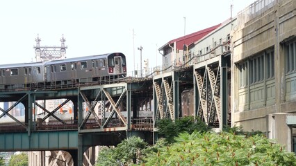 New York elevated subway, metropolitan bridge, metro track above street. Railway transport, vintage...