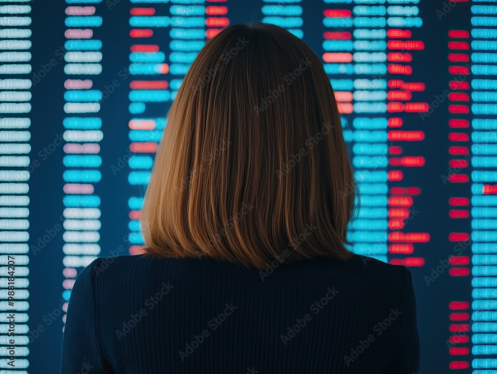 Poster a professional woman observes a digital display board showing data and statistics, representing busi