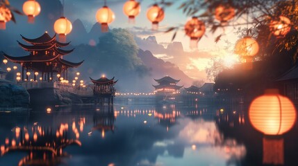 Fototapeta premium mistery beautiful anime background in the sunset time