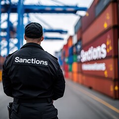 A security officer monitoring shipping containers at a port, emphasizing the theme of sanctions on trade and commerce.