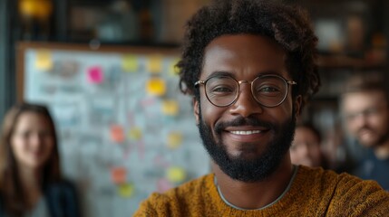 Multicultural startup team collaborating around a whiteboard filled with charts, sketches, and sticky notes, in a creative office space fostering innovation and teamwork