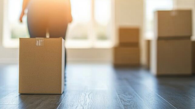 A young woman moves various boxes into her new home, showcasing her enthusiasm and the bright, welcoming environment - Powered by Adobe