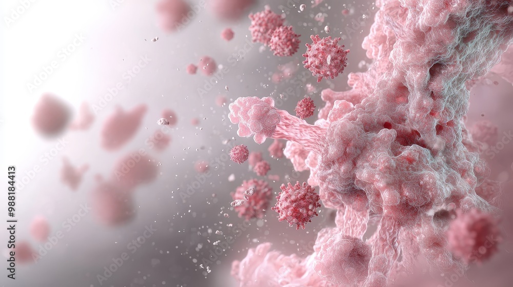 Poster d render of a cell with virus particles in the background