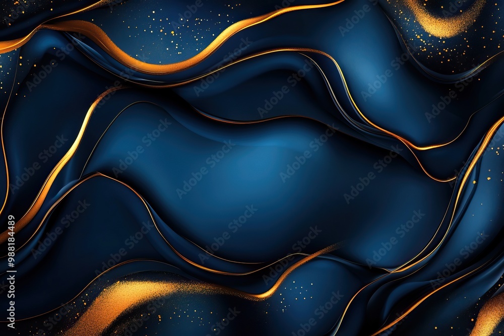 Poster a stunning abstract background featuring smooth waves of deep blue and shimmering gold accents, crea