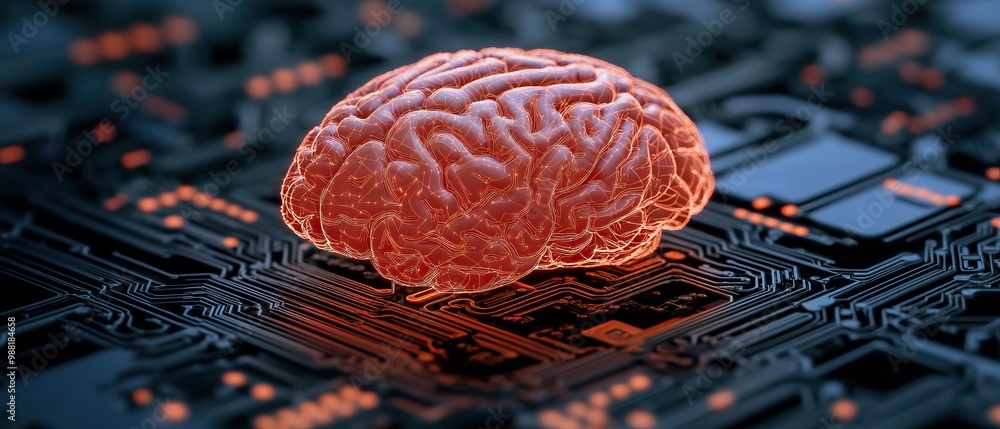 Poster a surreal representation of a brain sitting atop a circuit board, symbolizing the intersection of hu