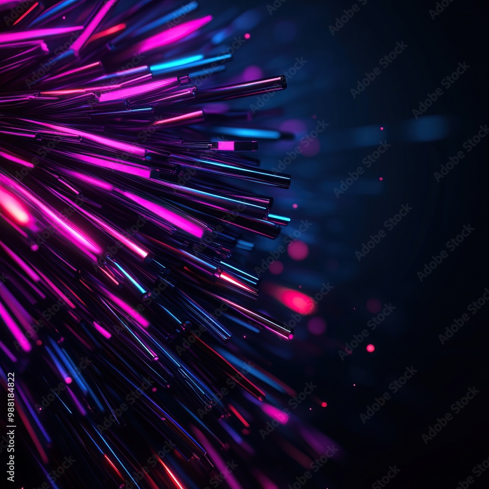 Poster a vibrant abstract composition featuring dynamic light rays in shades of pink and blue against a dar