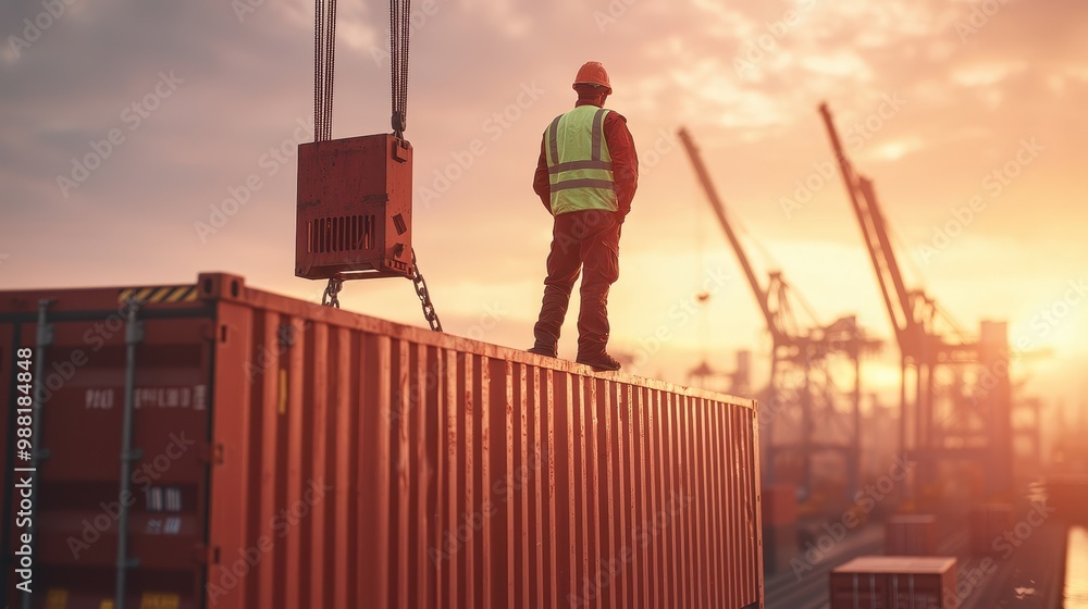 Poster worker standing on top of container lifted by crane without safety harness at port unsafe acts