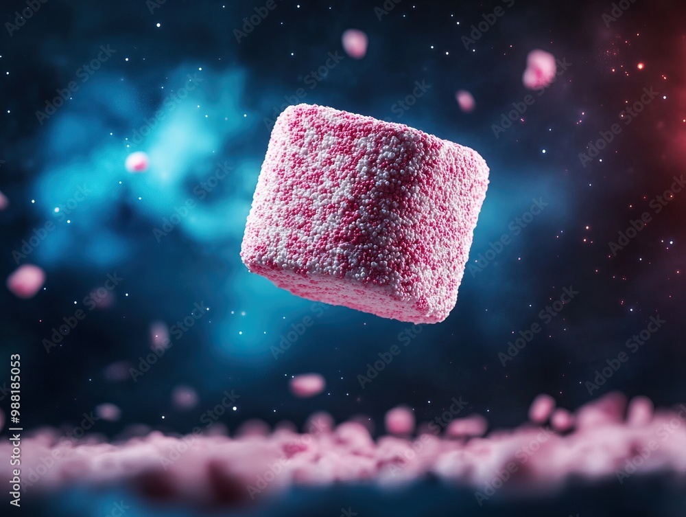 Poster a vibrant pink sugar cube floating against a cosmic backdrop, surrounded by particles, creating a wh