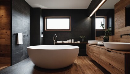 Luxury villa minimalist black bathroom. Luxurious dark bathroom with a wooden wall that has a wooden wall 69