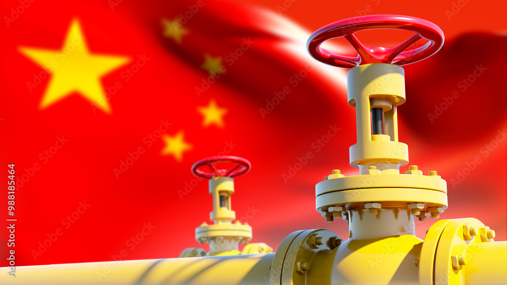 Poster gas pipeline with china flag. yellow pipe with pressure valves. gas pipeline for import to china. ex