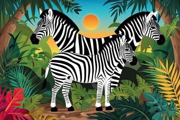 Obraz premium Colorful Tribal Zebra Art Set in Lush Jungle Background