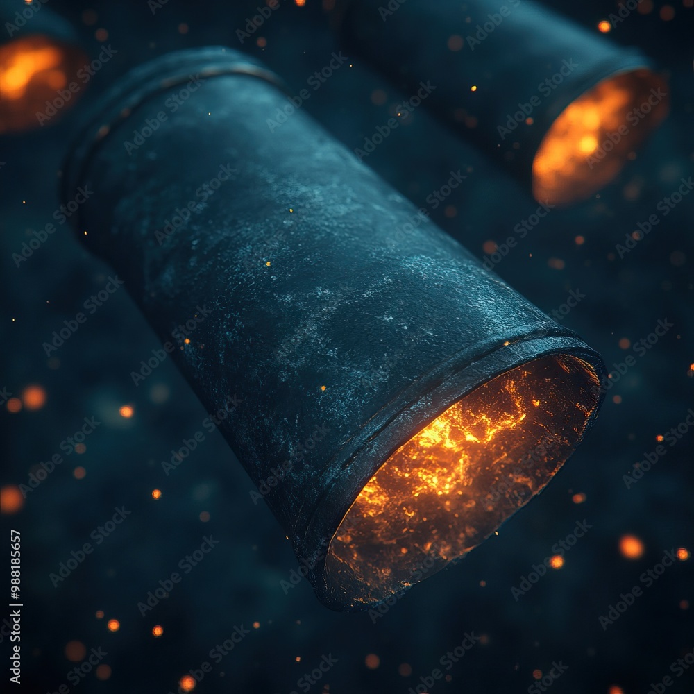 Aufkleber close-up view of futuristic cylindrical objects emitting glowing particles, creating a mesmerizing v