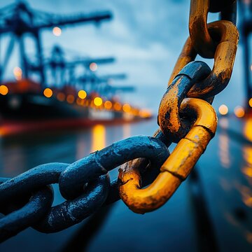 Close-up view of a heavy metal chain link, highlighted against blurred background of a shipping port, showcasing industry and transport themes.