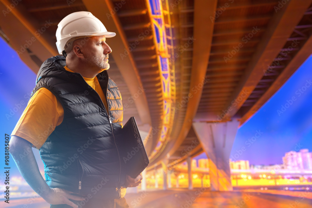 Aufkleber man builder under overpass. architect is proud of bridge he built. builder stands under evening over