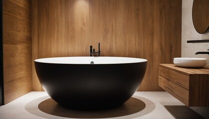 Luxurious dark bathroom with a wooden wall that has a wooden wall 44