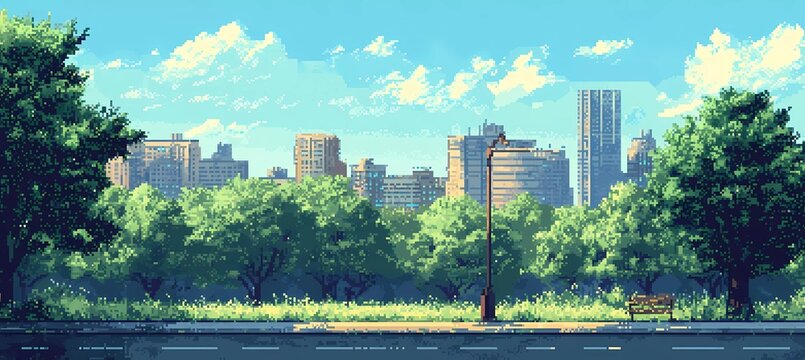 8-bit pixel art of a city park with a road, buildings, and a sky background.