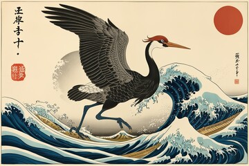 Naklejka premium Elegant Bird Art Japanese Crane and Ocean Wave Design
