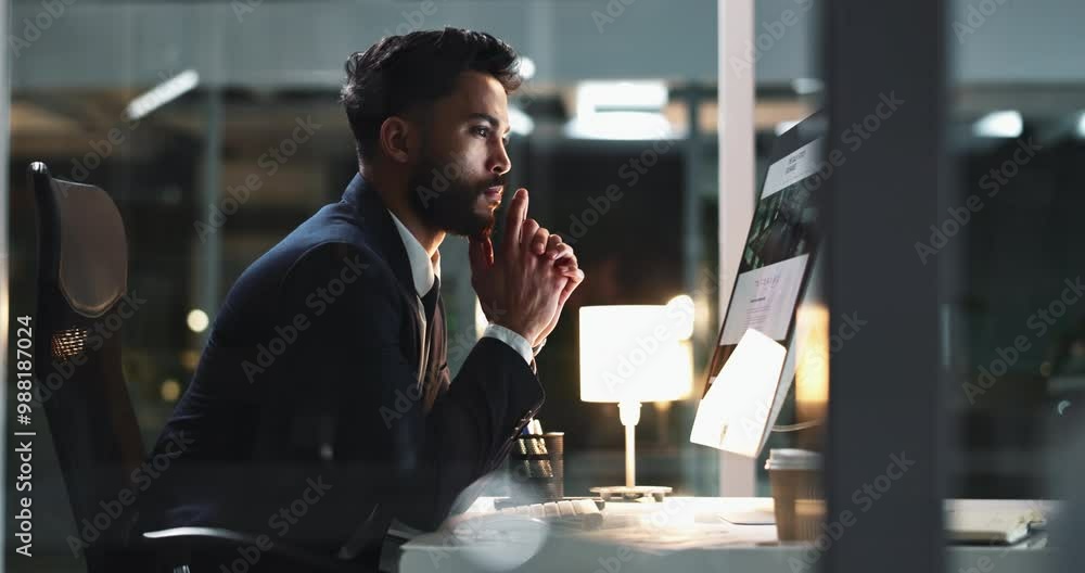 Aufkleber night, business and man with computer, thinking and solution with planning, research for project and