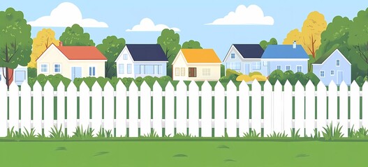 Cartoon white fence with houses and trees in the background, flat design illustration, vector style, green grass at the bottom of the screen, flat background