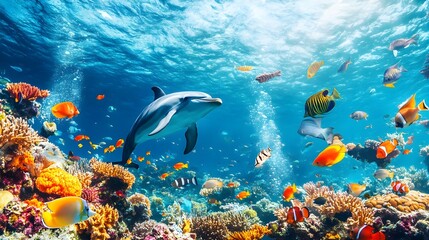 Dolphin swims in vibrant coral reef scene