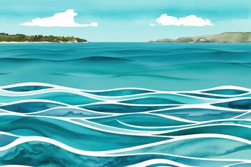 Serene Teal Ocean Wave Watercolor Seamless Design in Tranquil Coastal Landscape