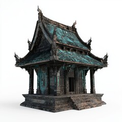 Fototapeta premium 3D Render of a dark temple with a moat of black liquid, on isolated white background