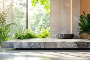 Serene indoor space with natural elements and greenery