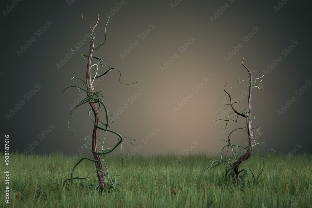 Poster 3d rendering of isolated lifeless vines and sparse grass on dim background