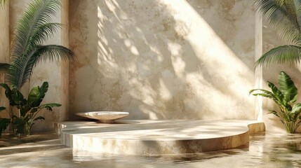 Serene minimalist interior with natural light and greenery