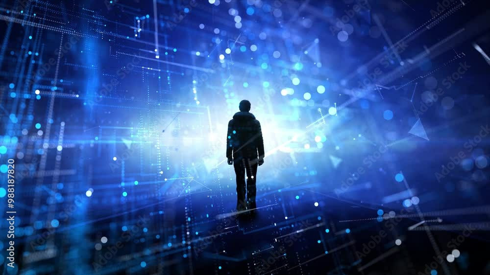 Poster loop digital network road with silhouette of a man and flashing lights.