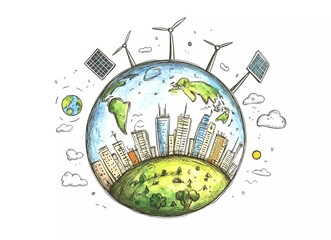 Hand-drawn planet Earth with a green city, wind turbines, and solar panels on a white background. Vector illustration,
