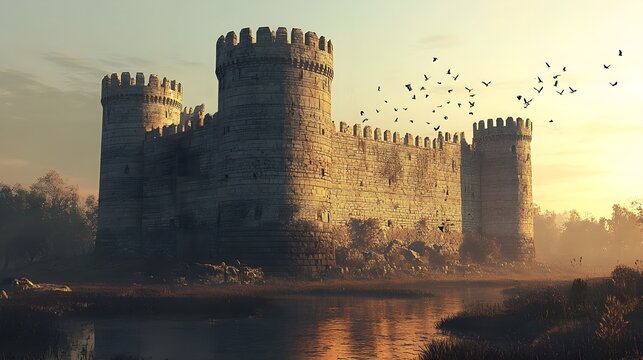 A circular stone fortress with imposing towers guarding the perimeter, the deep moat encircling it, birds flying overhead in the evening light