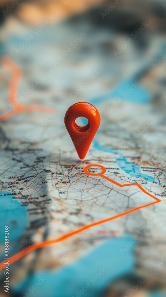 Poster red pin on map with orange lines indicating location