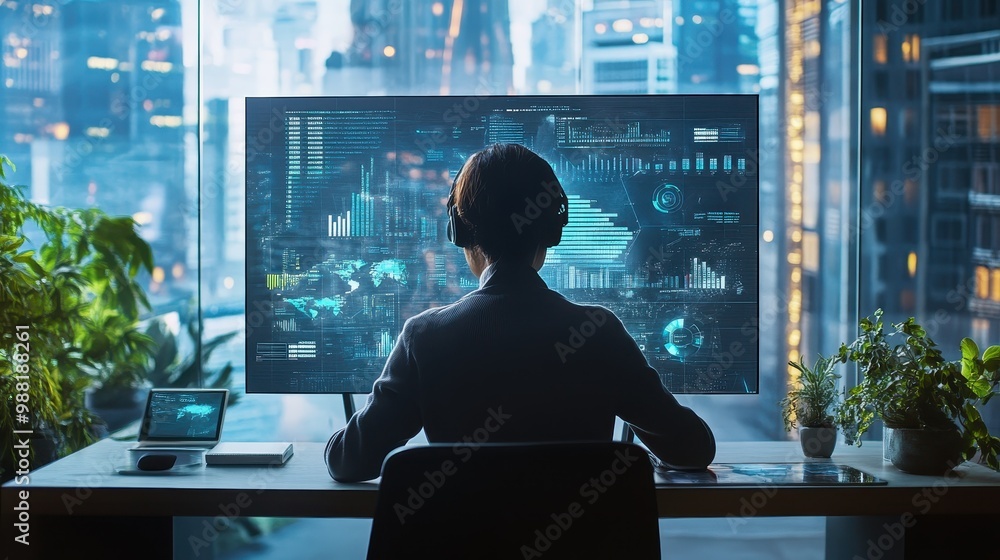 Poster silhouetted tech expert analyzing data visualization in urban environment