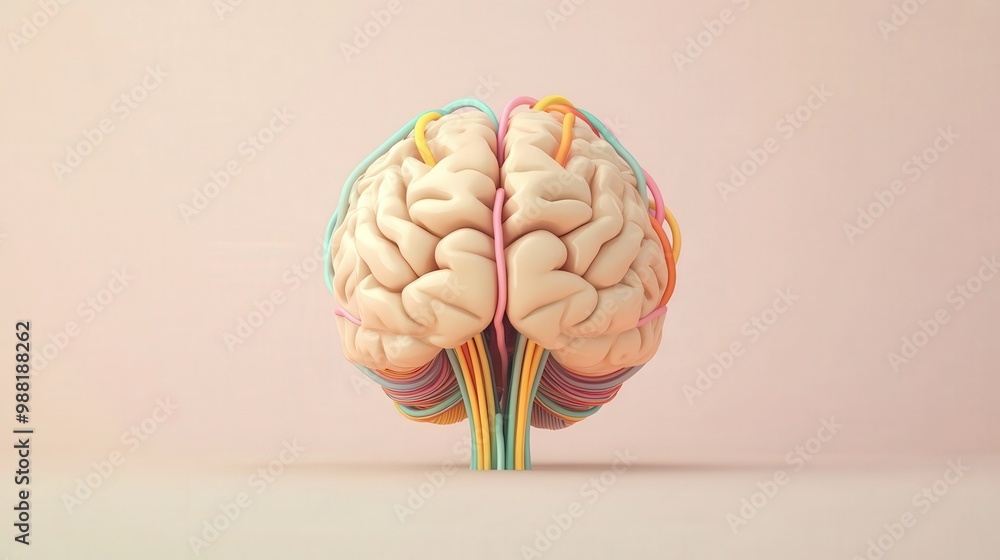 Poster vibrant 2d brain model with colorful cables - minimalistic vector illustration on transparent backgr