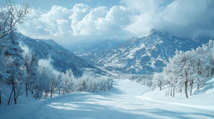 Fototapeta premium Snowy Mountain Landscape with Ski Slope and Trees