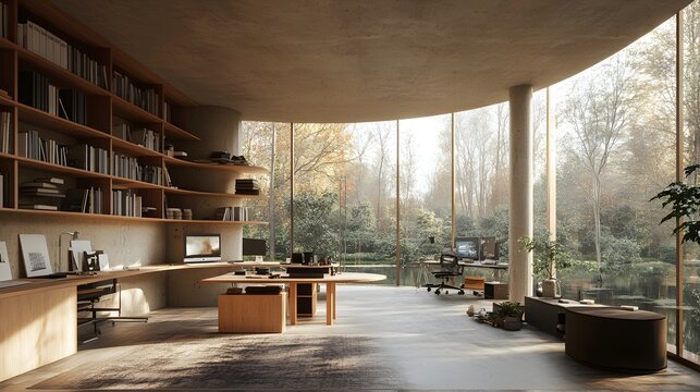 A circular studio with an open floor plan, natural light flooding in from every angle, designed for collaborative creative projects, tranquil yet inspiring atmosphere