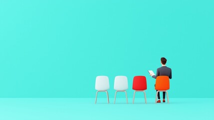 Fototapeta premium A businessman sits alone in a bright room, contemplating while facing empty chairs, symbolizing reflection and decision-making.