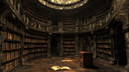Fototapeta premium A circular tower library with perfectly aligned scrolls and books, the space filled with intricate carvings and dim, amber lighting, evoking an ancient and mysterious feel