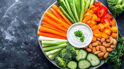 Fresh vegetable platter with dip, isolated.