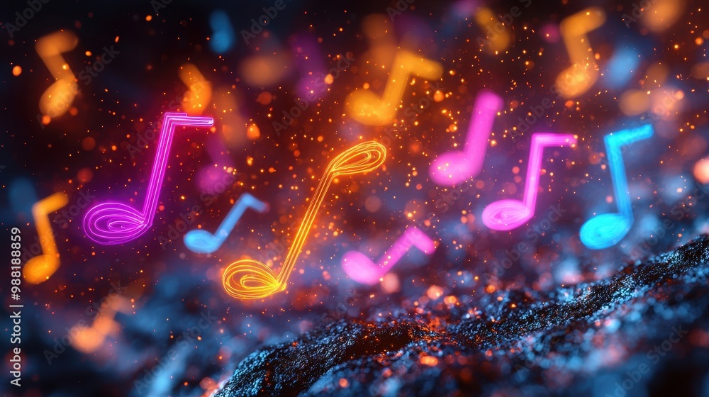 Poster abstract neon music notes with sparks and bokeh
