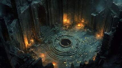 A colossal circular dungeon, dimly lit by flickering torches, gold coins and jewels scattered across the floor, with ominous traps waiting in the shadows