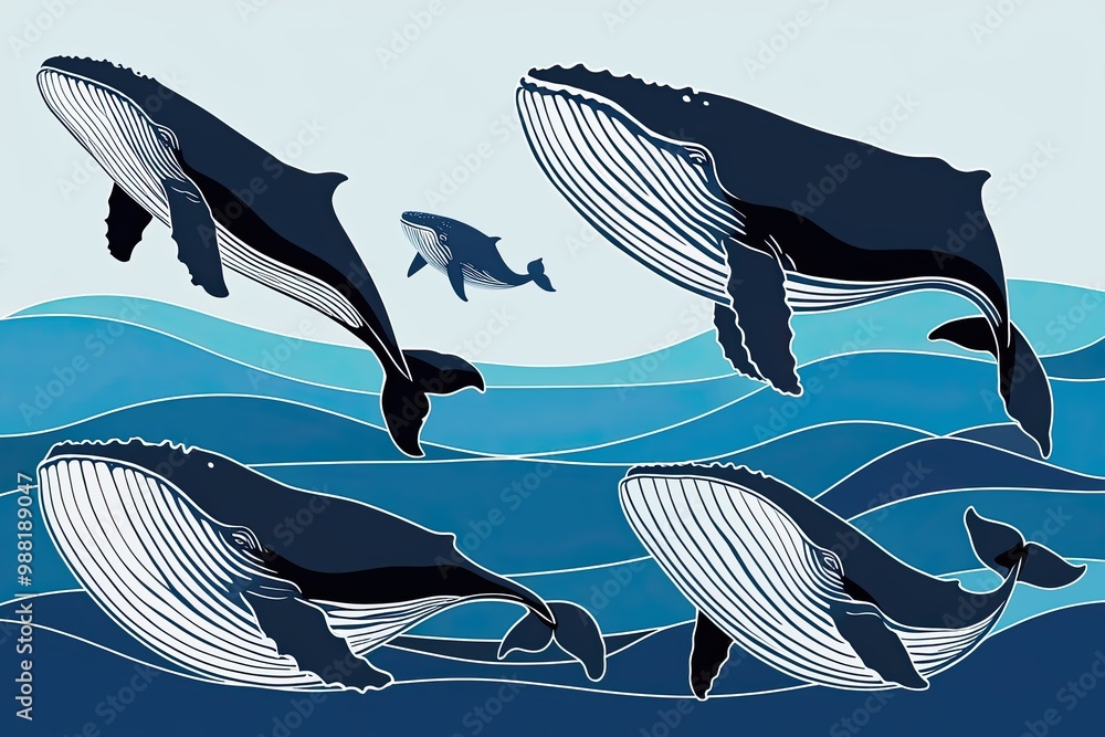 Poster whales in unity abstract ocean wildlife art block print design