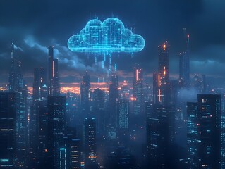 Obraz premium Futuristic cityscape with digital cloud